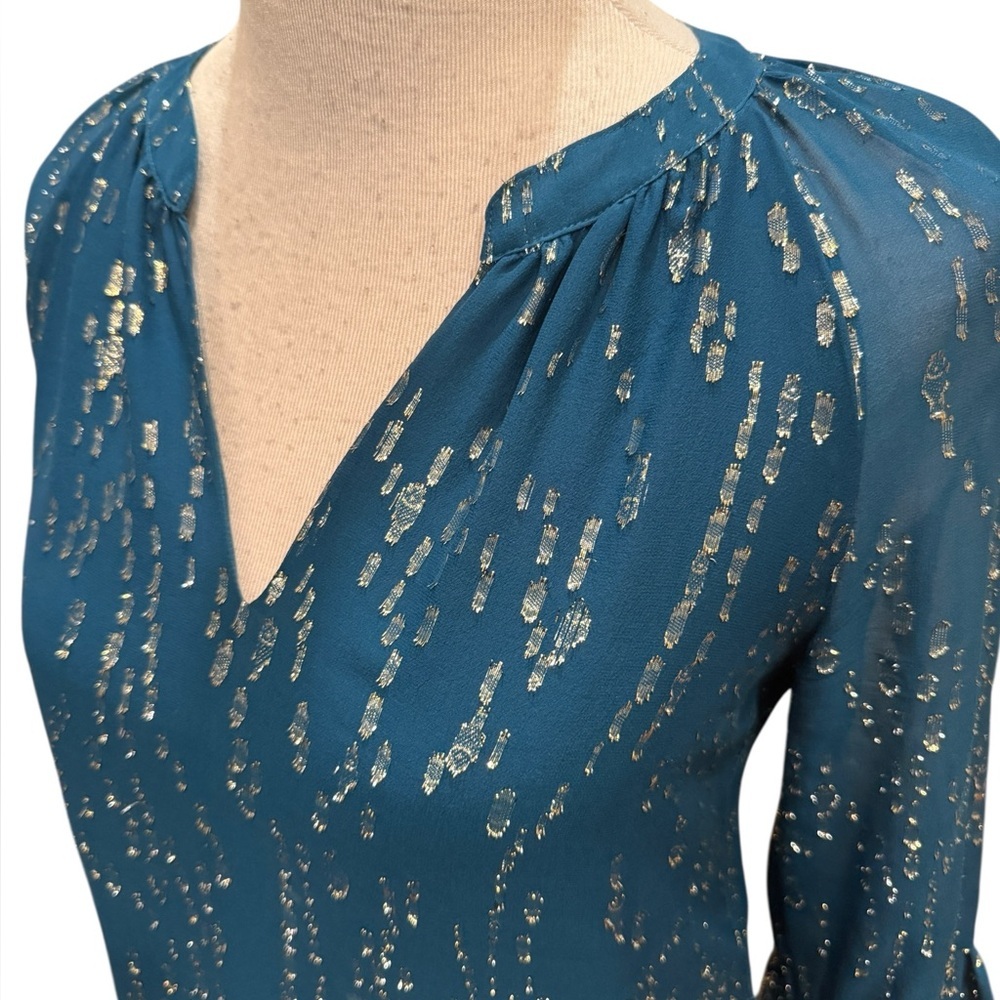 Lilly Pulitzer Matilda Silk Chiffon Blouse Teal Blue Top w/Silver Accents Sz: XS - Picture 2 of 16